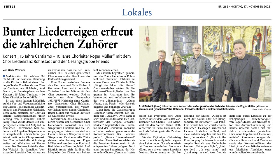 15 Jahre Cantiamo Konzert in Balduinstein Konzert in Balduinstein zu 15 Jahren Cantiamo