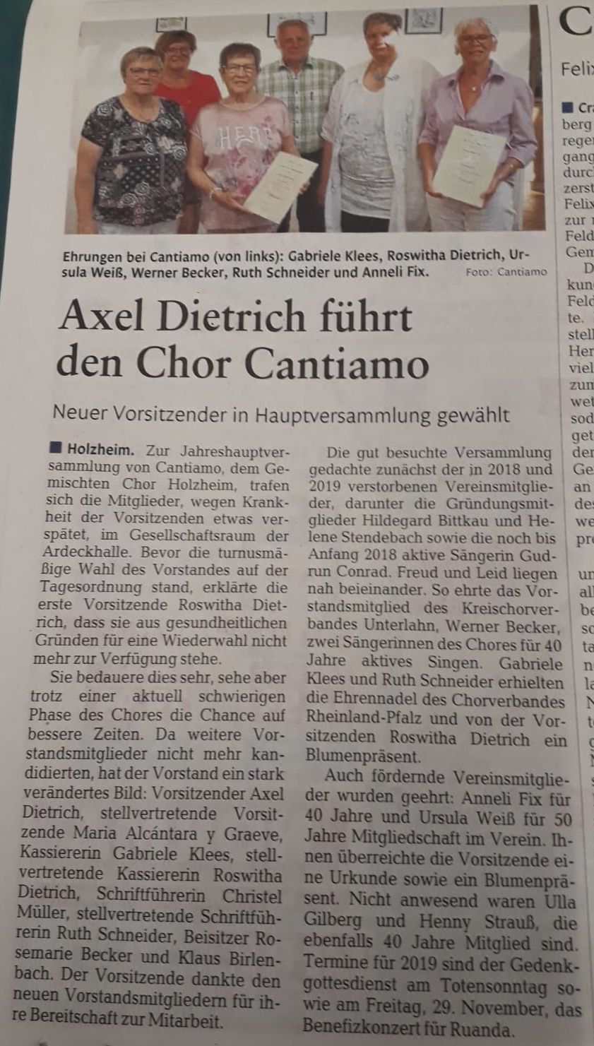 Presseartikel zur JHV 2019 in der Rhein-Lahn-Zeitung